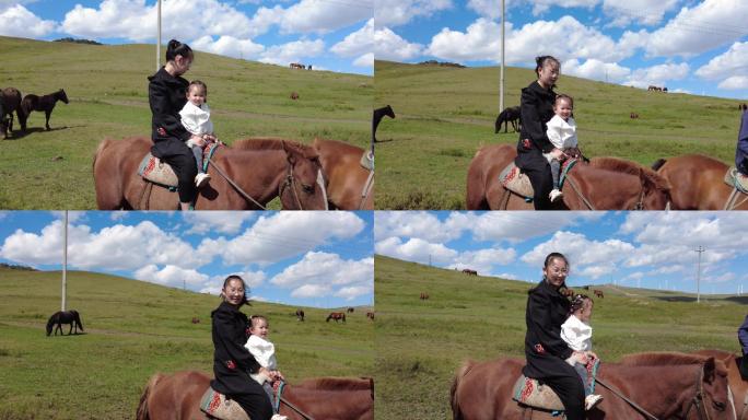 孩子和母亲在草原骑马漫步