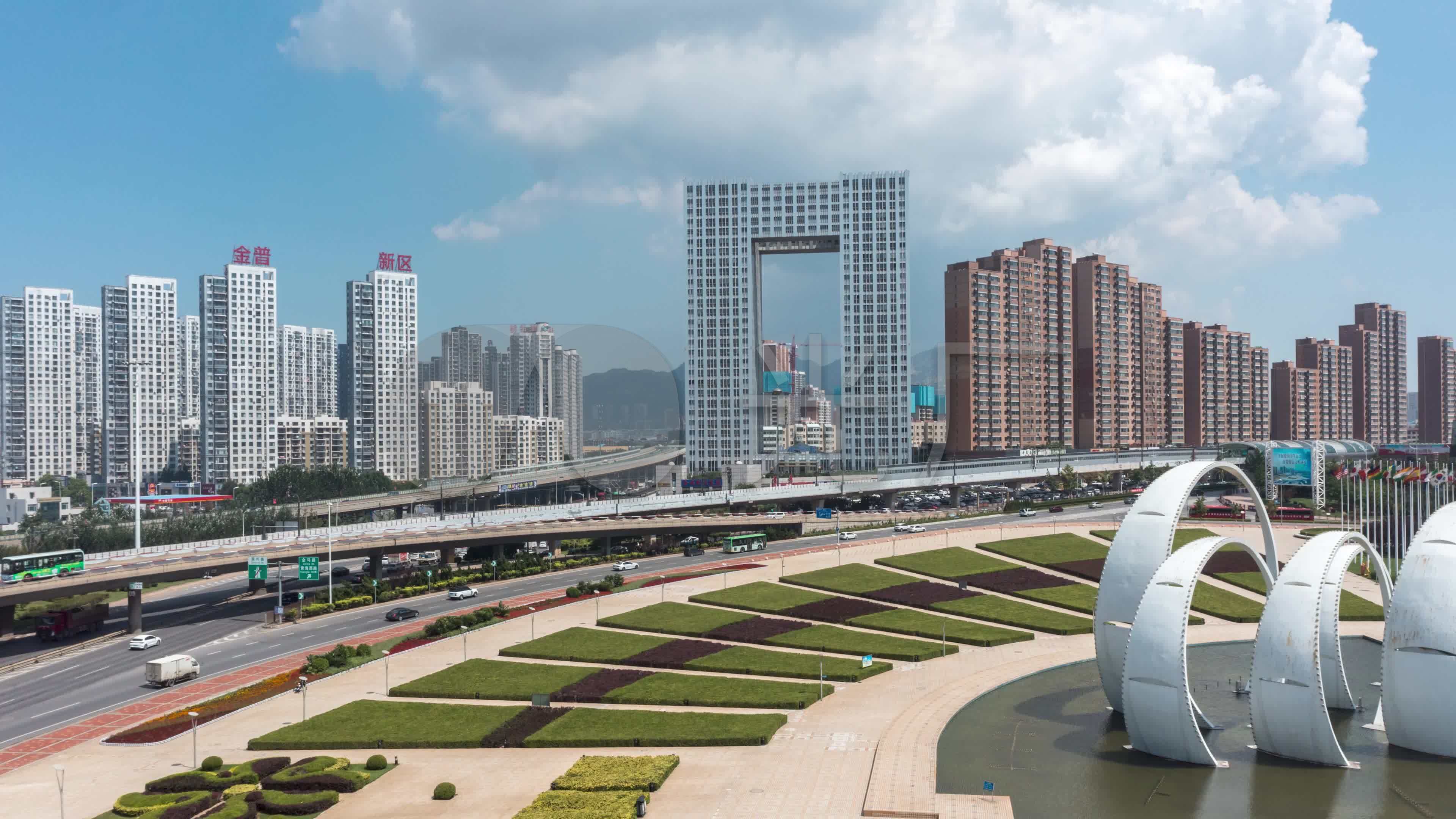 大连金普新区开发区银帆广场航拍延时