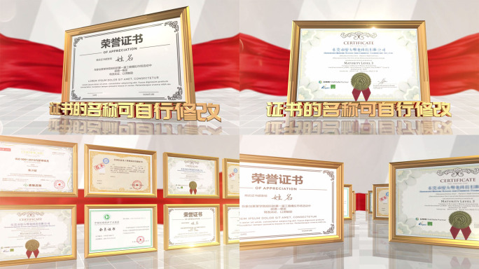 金色边框奖状证书单张及荣誉墙展示