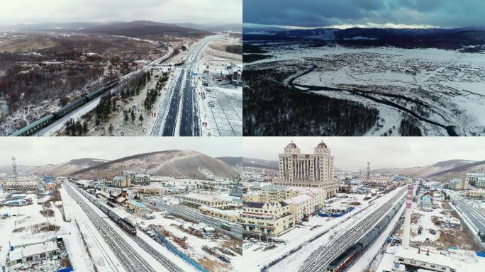 内蒙古阿尔山市区、火车站冬季航拍