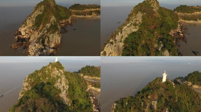 从山体飞越大麦屿龙湾村灯塔