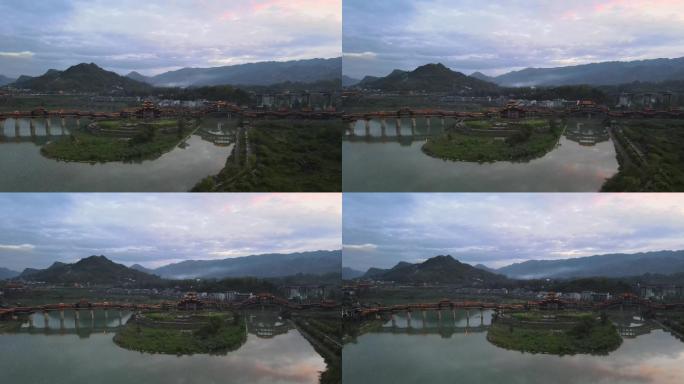 航拍濯水古镇风雨廊桥夜景