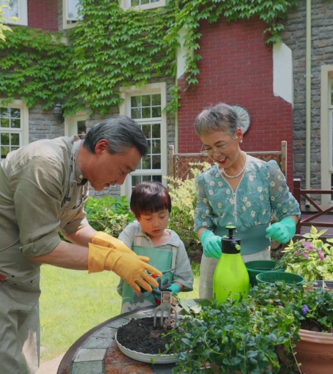 祖孙三人在院子里修剪花草