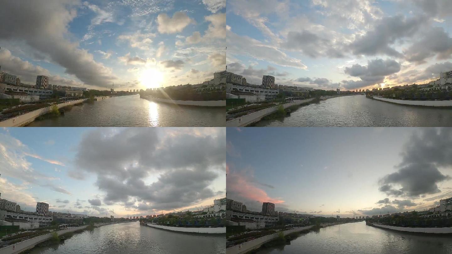 上海城市河岸日落夕阳黄昏蓝天白云延时