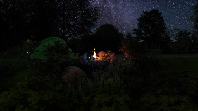 夏日星空夜晚父子野外搭帐篷户外篝火露营