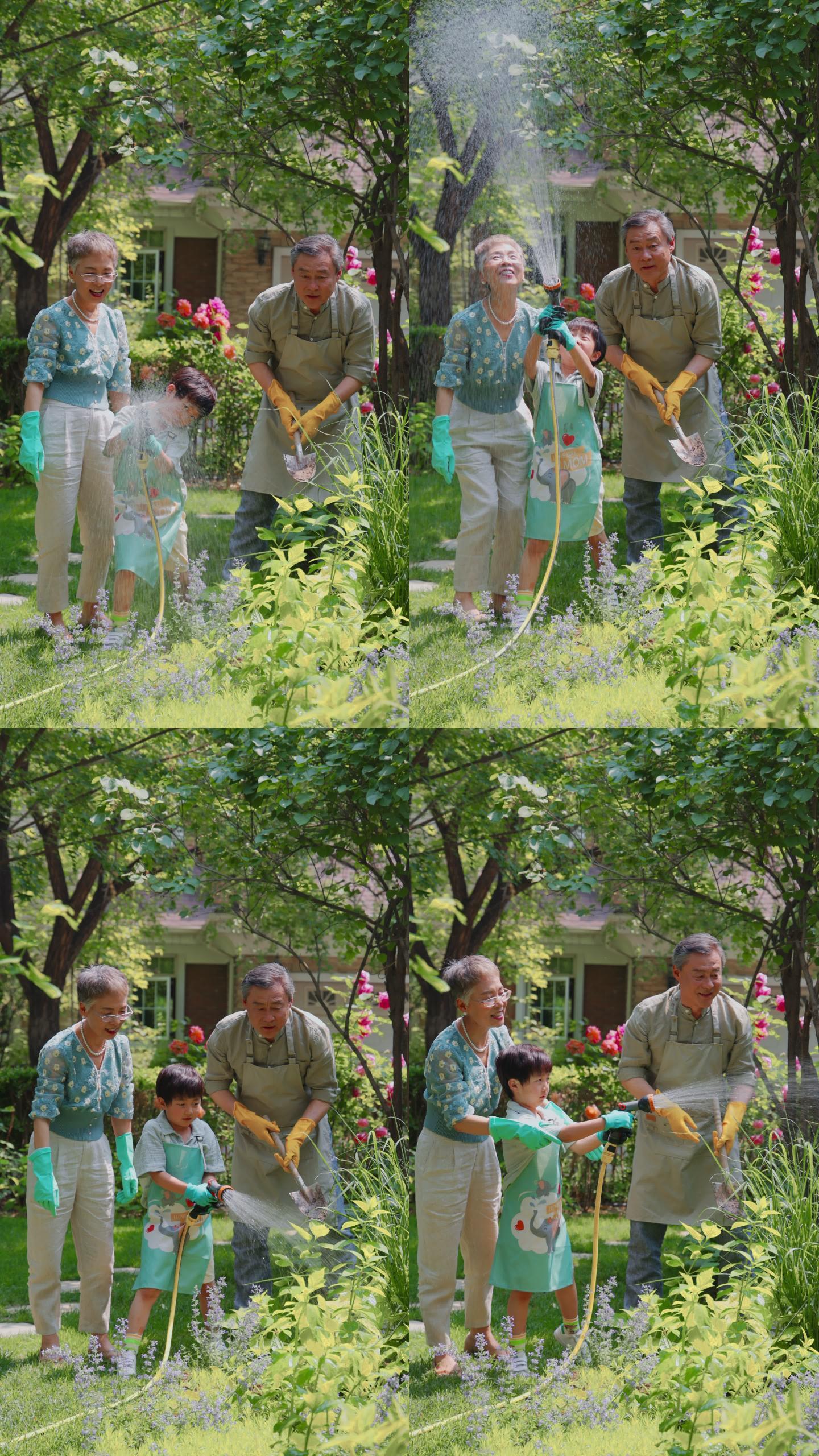 祖孙三人在院子里浇水
