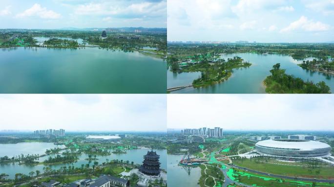 成都龙泉东安湖体育公园航拍视频素材4K
