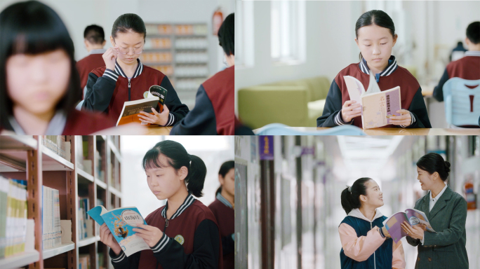 中学学生在图书馆读书学习