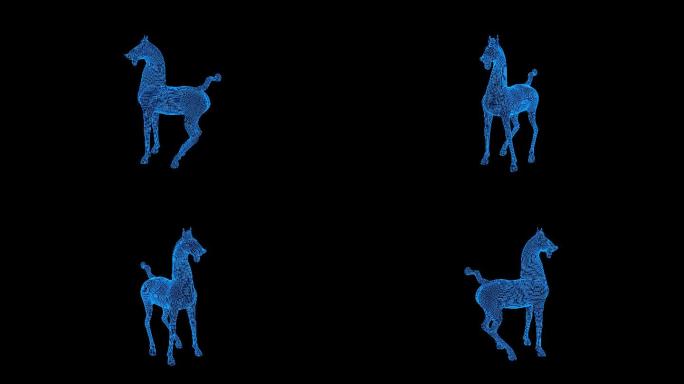 蓝色线框全息科技汉代青铜马动画素材带通道