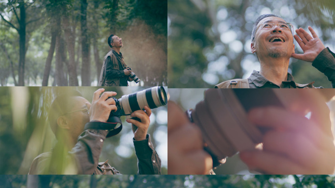 老年退休摄影师森林拍鸟幸福生活