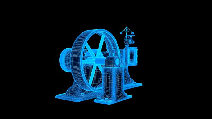 蓝色线框全息科技蒸汽动力机动画素材带通道