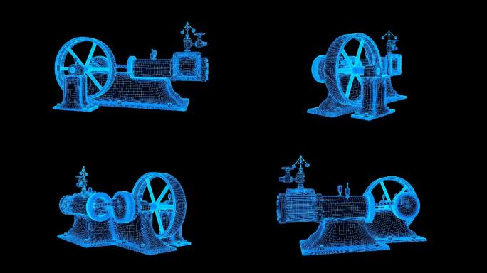 蓝色线框全息科技蒸汽动力机动画素材带通道