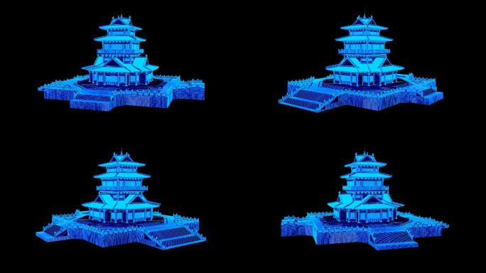 蓝色线框全息科技望海楼 动画素材带通道