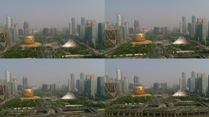 航拍杭州钱江新城市民中心洲际酒店杭州剧院