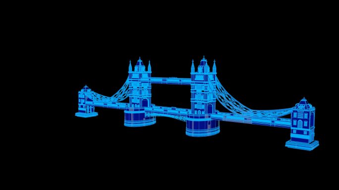 蓝色线框全息科技伦敦塔桥动画素材带通道