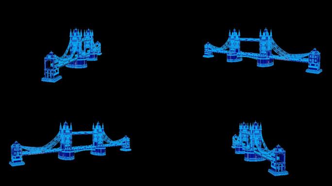 蓝色线框全息科技伦敦塔桥动画素材带通道