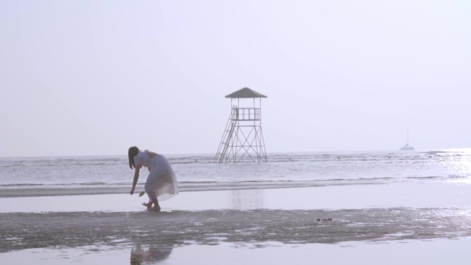 海边浅滩赶海拾贝壳