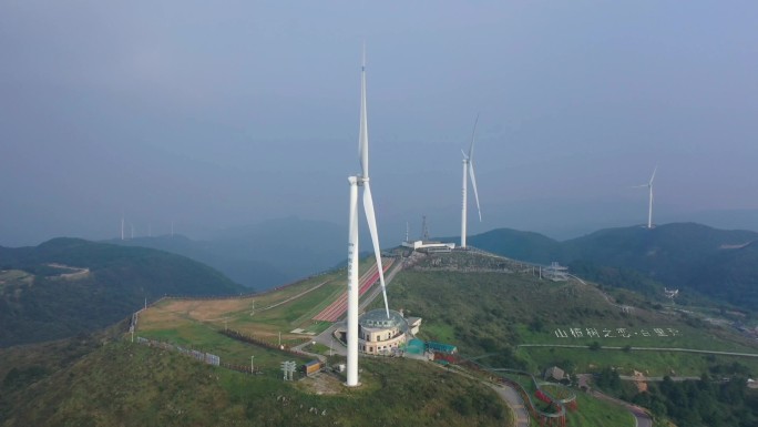 航拍湖北宜昌百里荒高山风力发电机