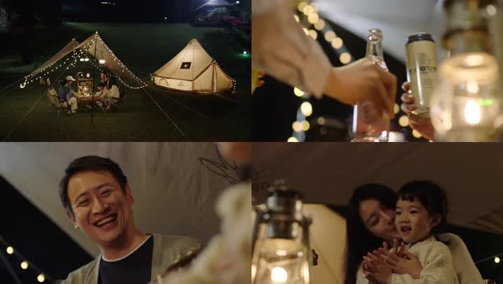 夜晚野外露营喝酒