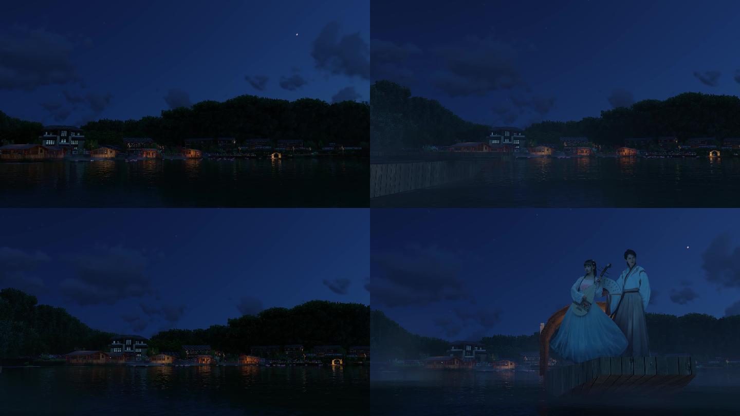 清晨船夜游度假区江上游船意境3D动漫设计