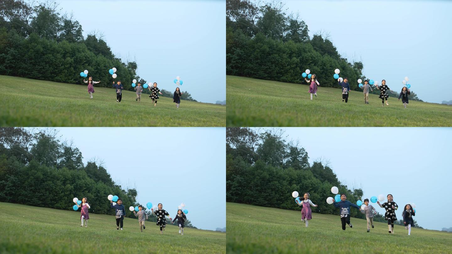 带气球奔跑 儿童 草坪