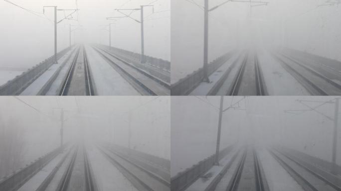火车飞驰 动车行驶 雪景 大雪 第一视角