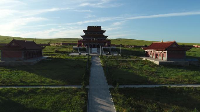 航拍呼伦贝尔大草原寺庙美丽风光