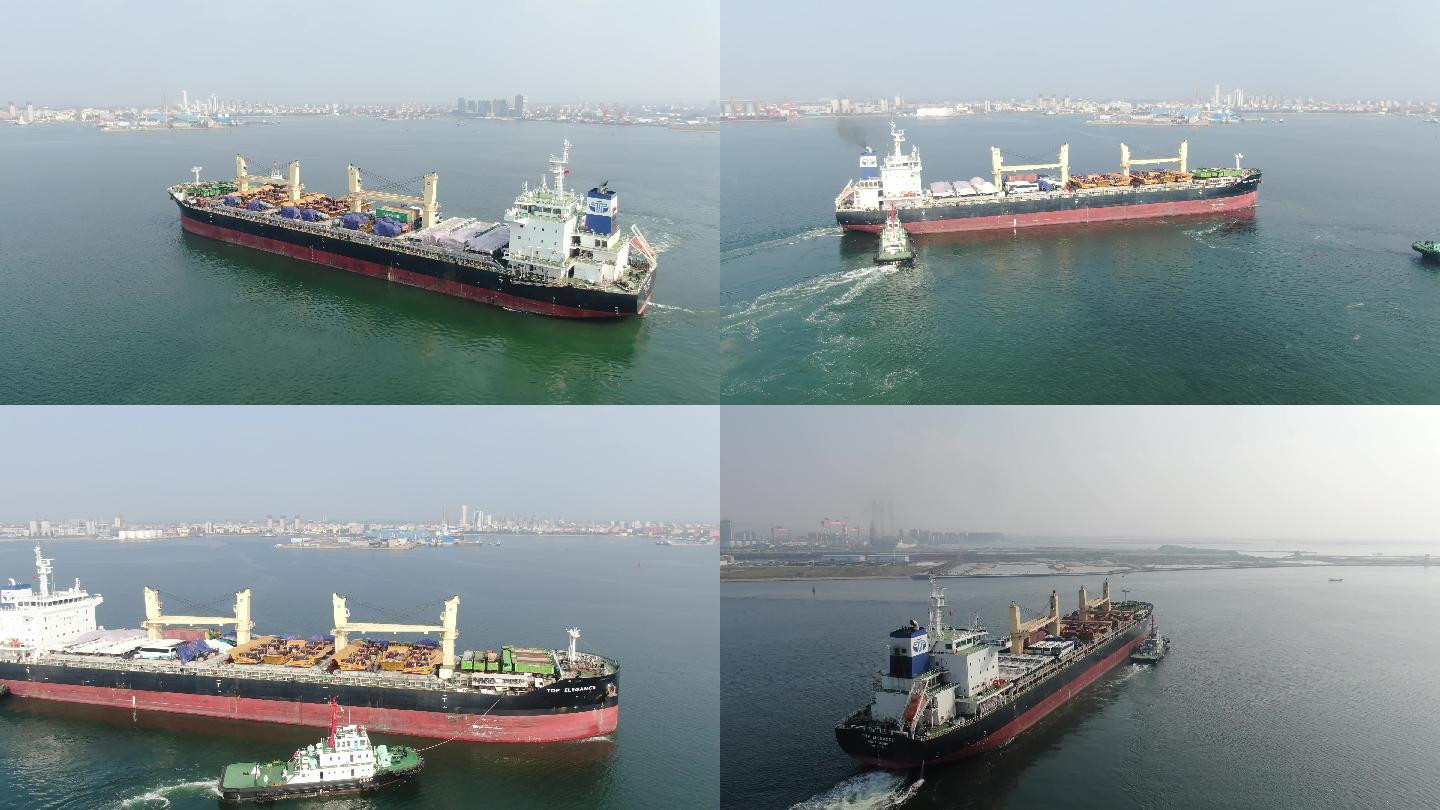 4K航拍港口巨型货轮离港
