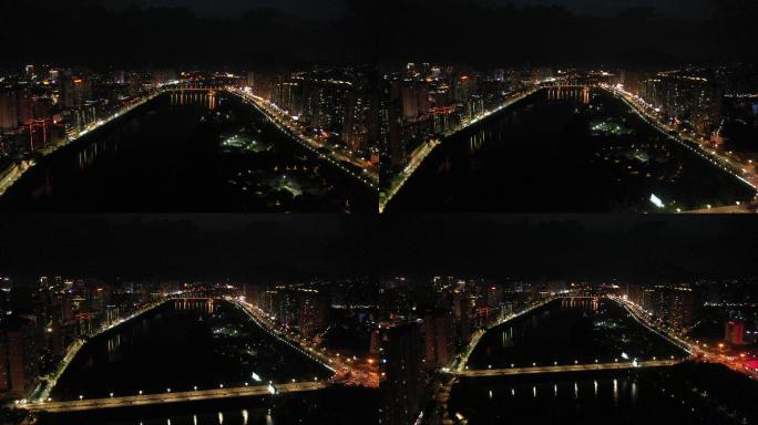 南安市城市夜景航拍城镇小镇夜晚河流两岸桥