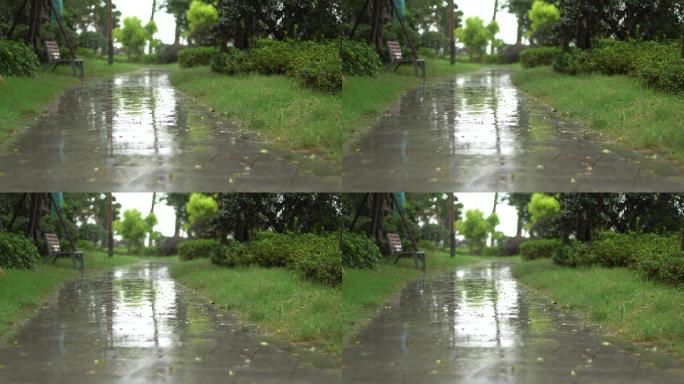 唯美下雨天公园小路长椅空镜头