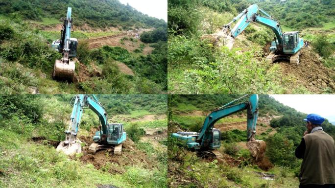 挖掘机在大山上修建公路