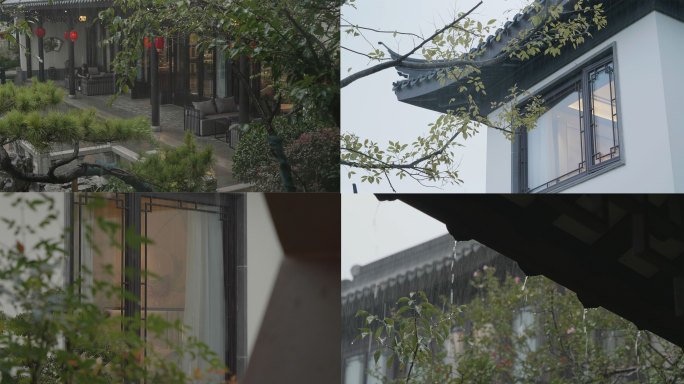 中式古建筑下雨意境4K实拍