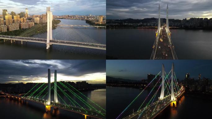 航拍惠州市合生大桥日落，夜景，车流