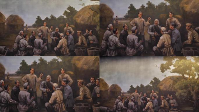 抗战时期的小队民兵开会场景油画