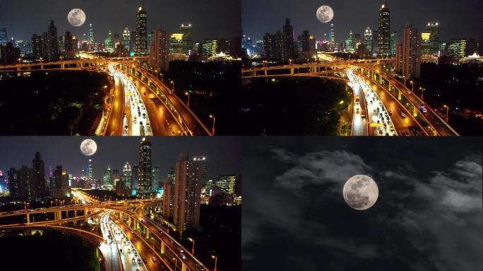 4K月亮从城市上空升起-中秋月亮