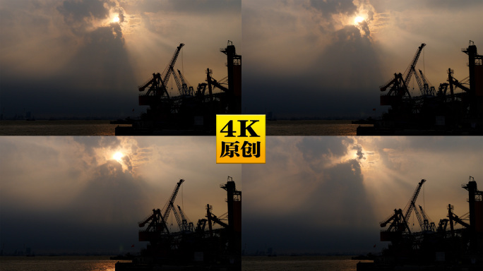 4K原创)夕阳下的码头工厂剪影