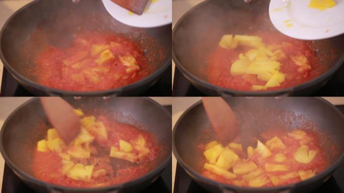 厨师炒制菠萝古老肉 (1)