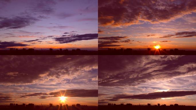 城市日出延时风景逆光建筑红色朝霞