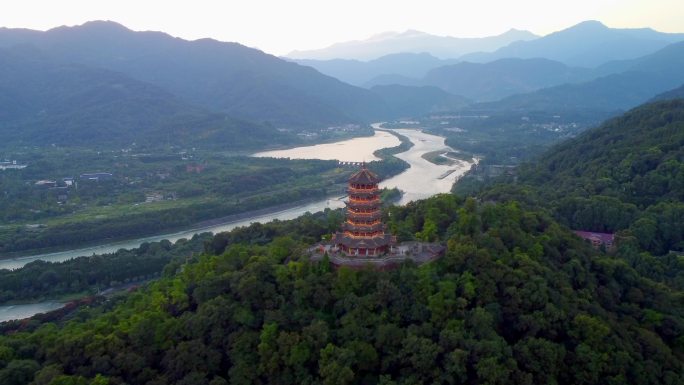 都江堰水利工程大全景航拍