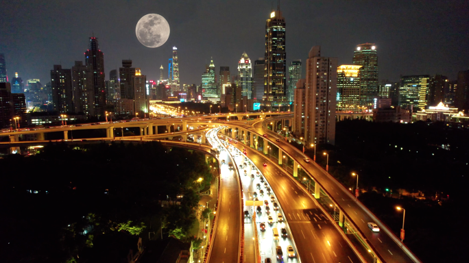 4K城市中秋月圆-月亮从城市上空升起