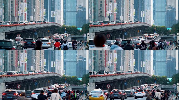 中国辽宁沈阳城市立交桥交通人群与车流