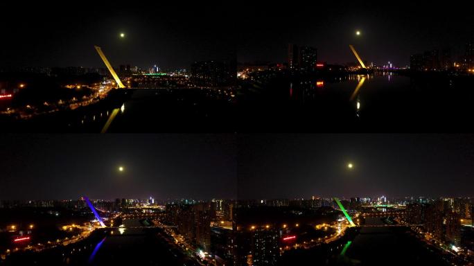 4K航拍月圆夜的洪山桥夜景3