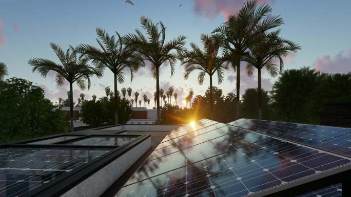 4K屋顶太阳能板光伏日出