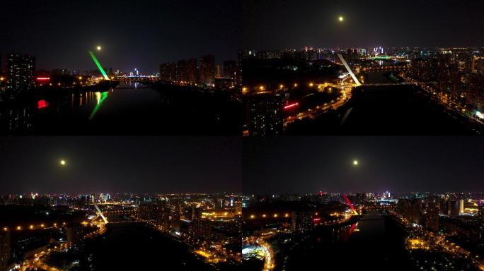4K航拍月圆夜的洪山桥夜景
