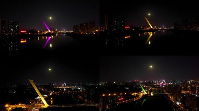 4K航拍月圆夜的洪山桥夜景2
