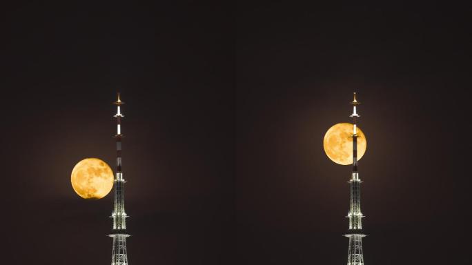 实拍满月月出广州塔穿月延时