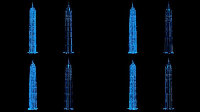 蓝色线框全息科技上海金茂大厦动画素材