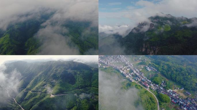 美丽的自然，航拍烟雾缭绕的大山和农村