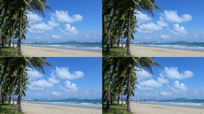4K实拍海南岛三亚湾海浪蓝天白云椰树
