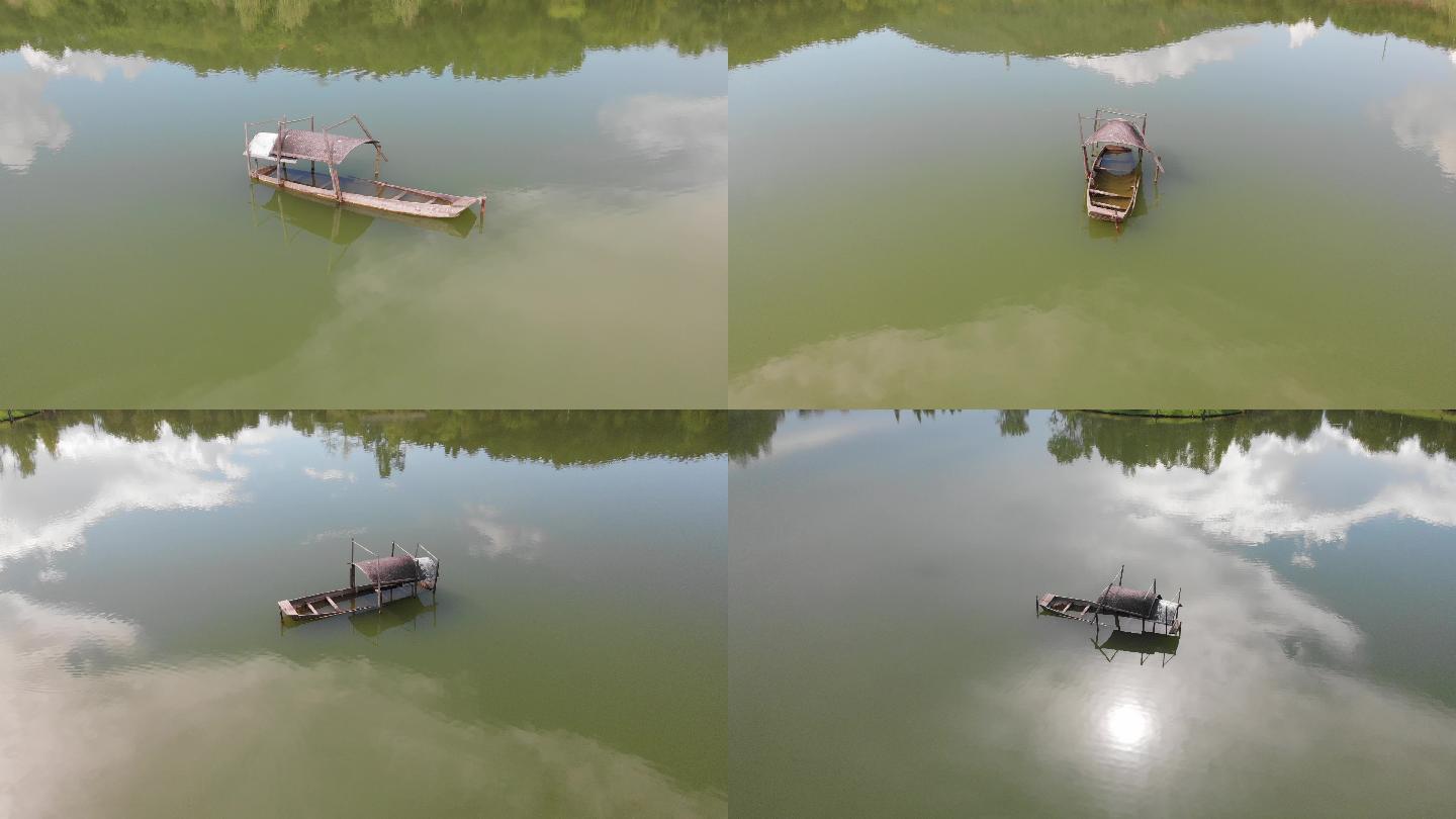 湖泊中央小木船小艇沉船残骸 4K空镜